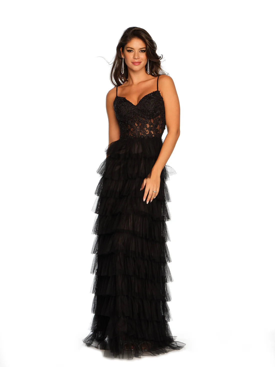 TIERED TULLE GOWN WITH CORSET LACE TOP PLUS SIZE Dave & Johnny TIERED TULLE GOWN WITH CORSET LACE TOP PLUS SIZE Dave & Johnny