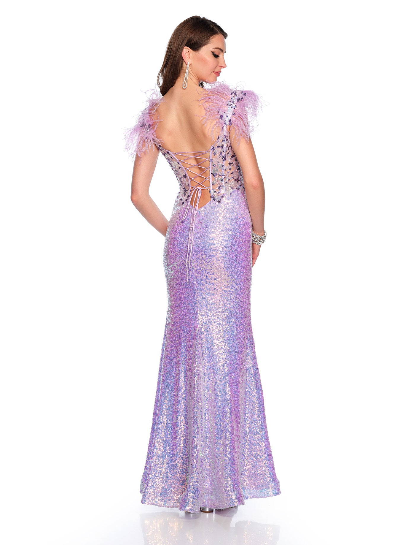 FITTED SEQUINS GOWN WITH FEATHER DETAIL
