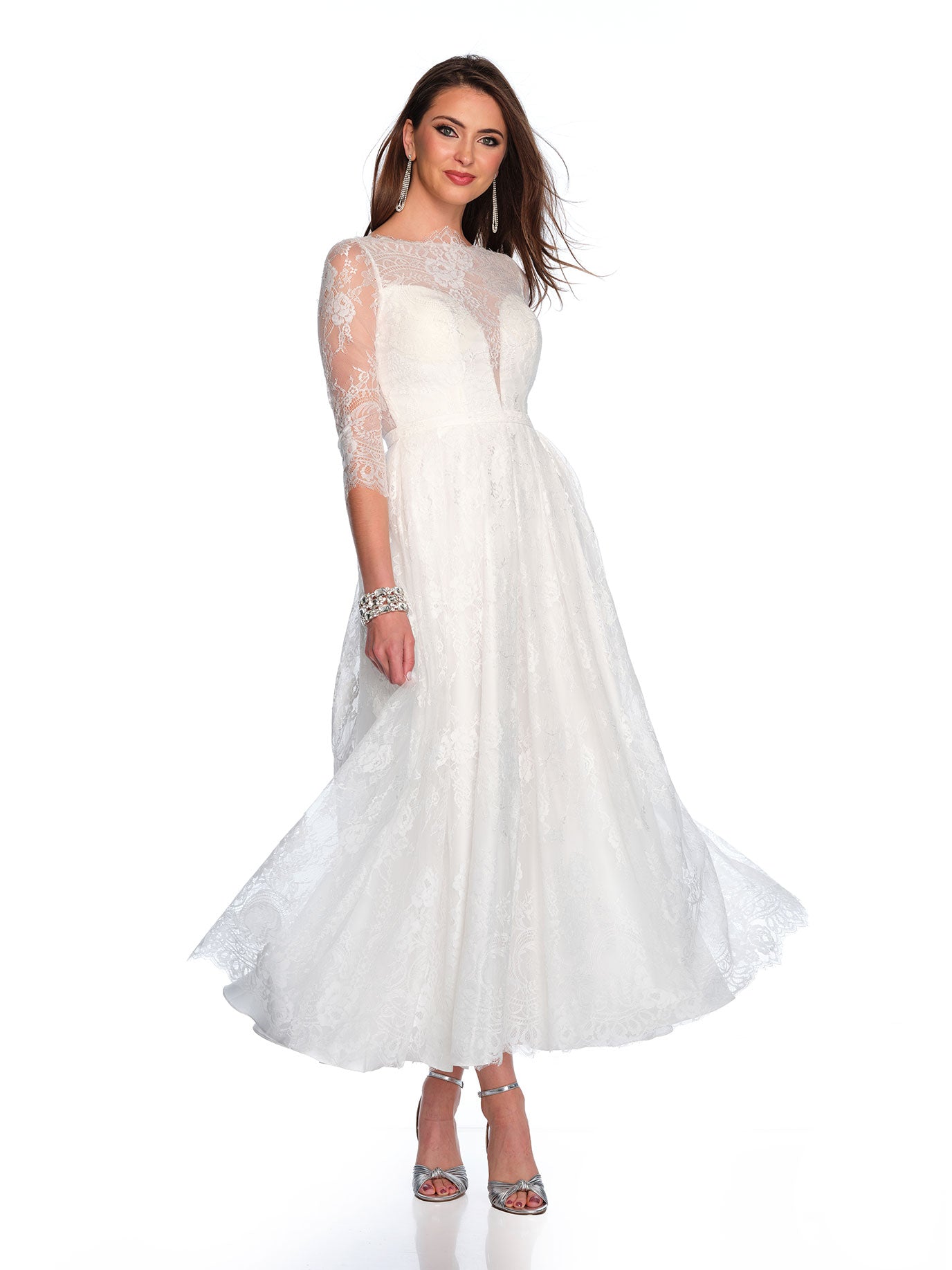 3/4 SLEEVE LACE TEA LENGTH WEDDING DRESS