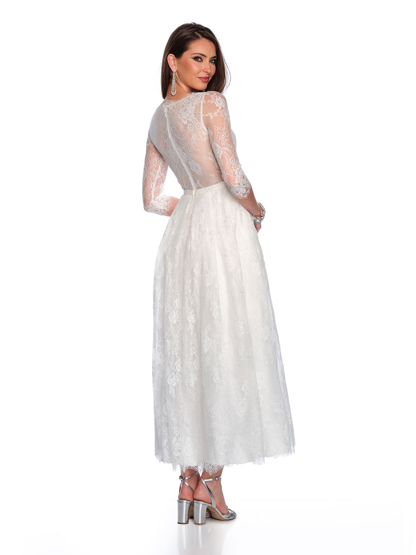 3/4 SLEEVE LACE TEA LENGTH WEDDING DRESS