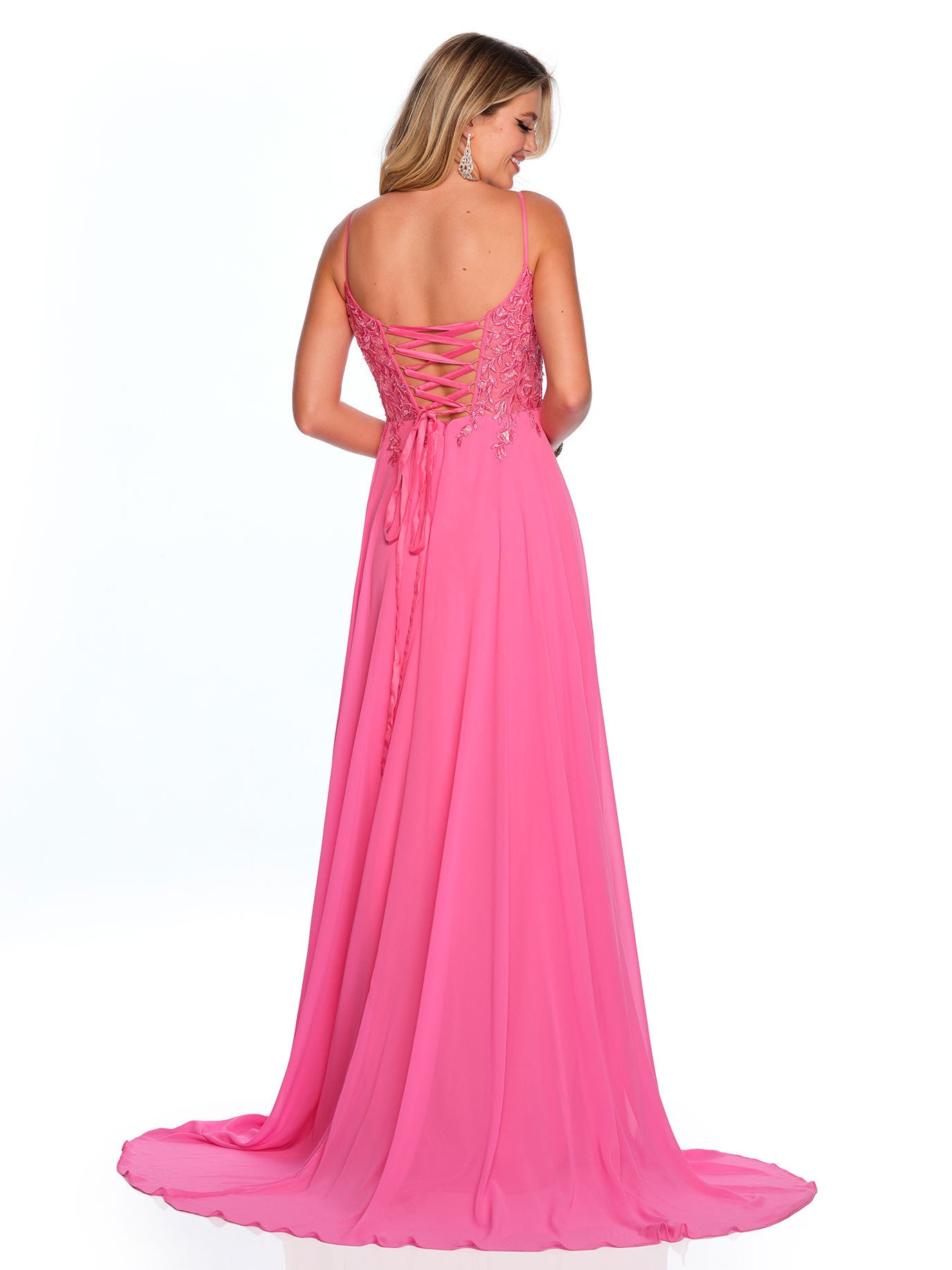 FLOWY CHIFFON GOWN WITH BEADED FLORAL APPLIQUES