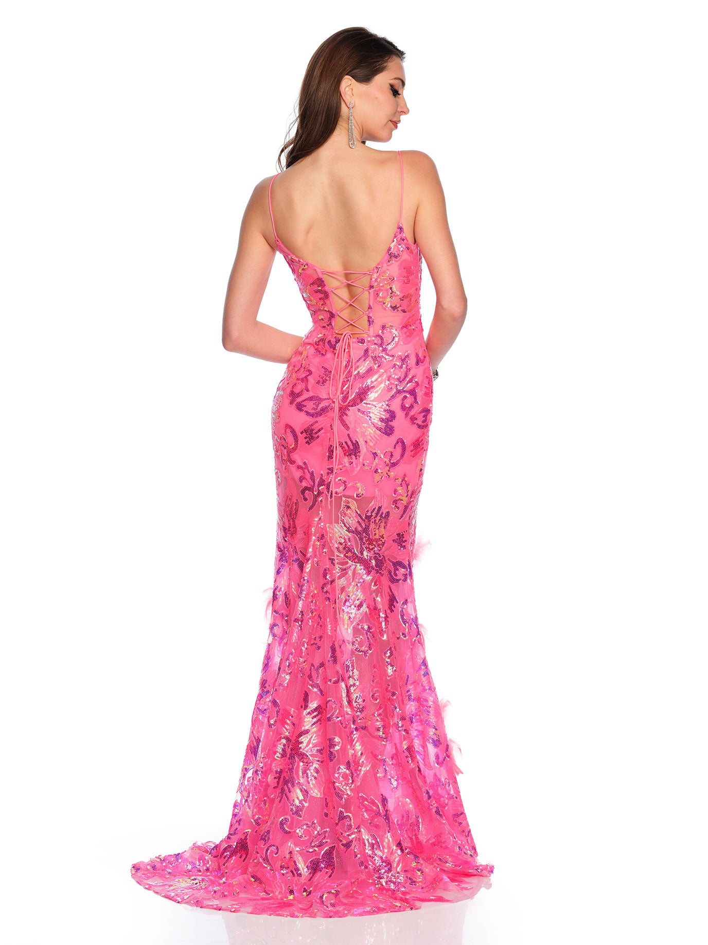 SEQUIN GOWN WITH SIDE SLIT FEATHER DETAIL