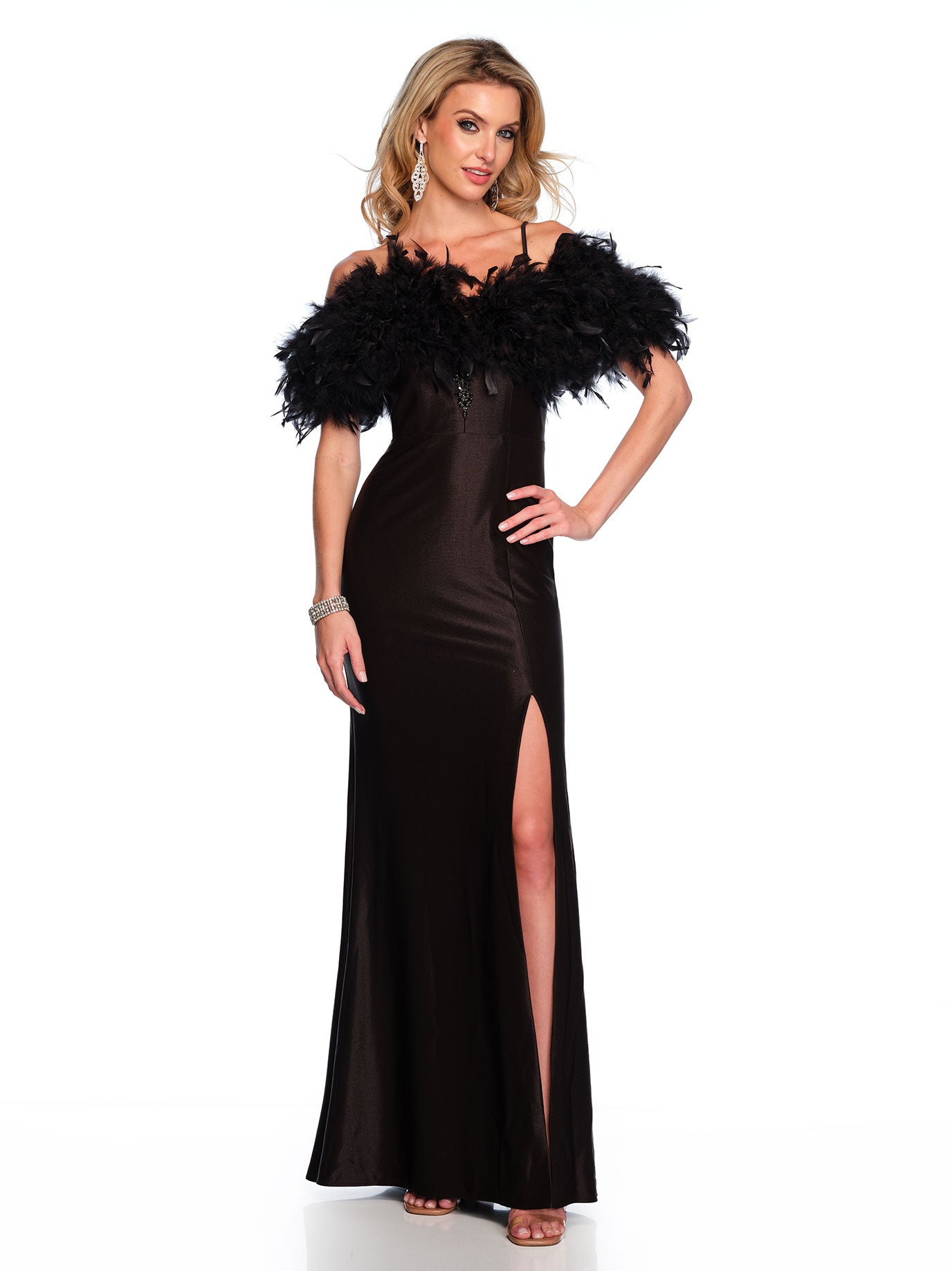 OFF THE SHOULDER FEATHERED GOWN