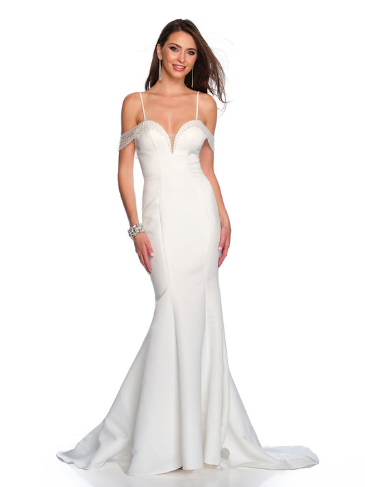 COLD SHOULDER WEDDING DRESS WITH PEARL ACCENTS