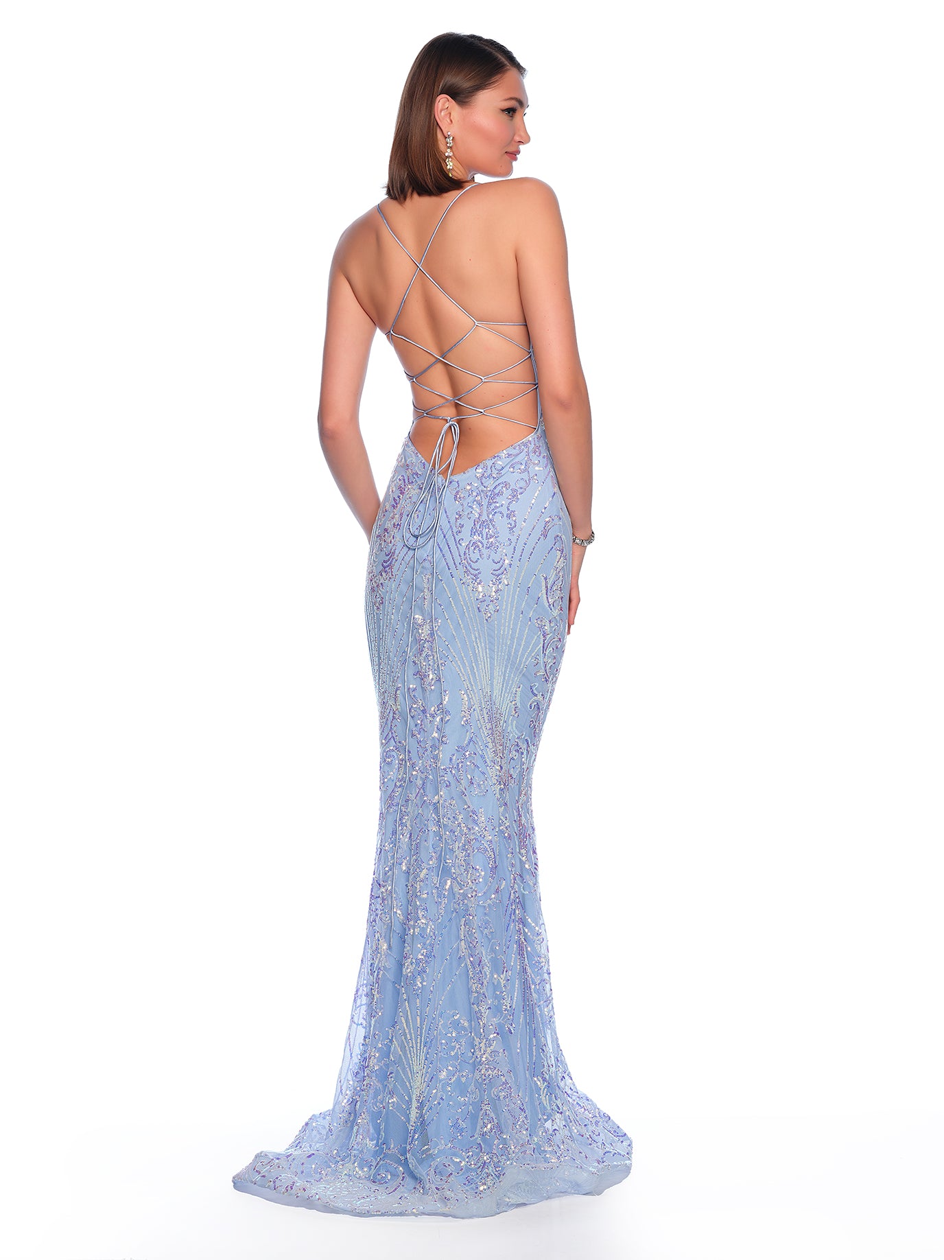 FITTED SHIMMER SEQUIN GOWN WITH STRAPPY BACK