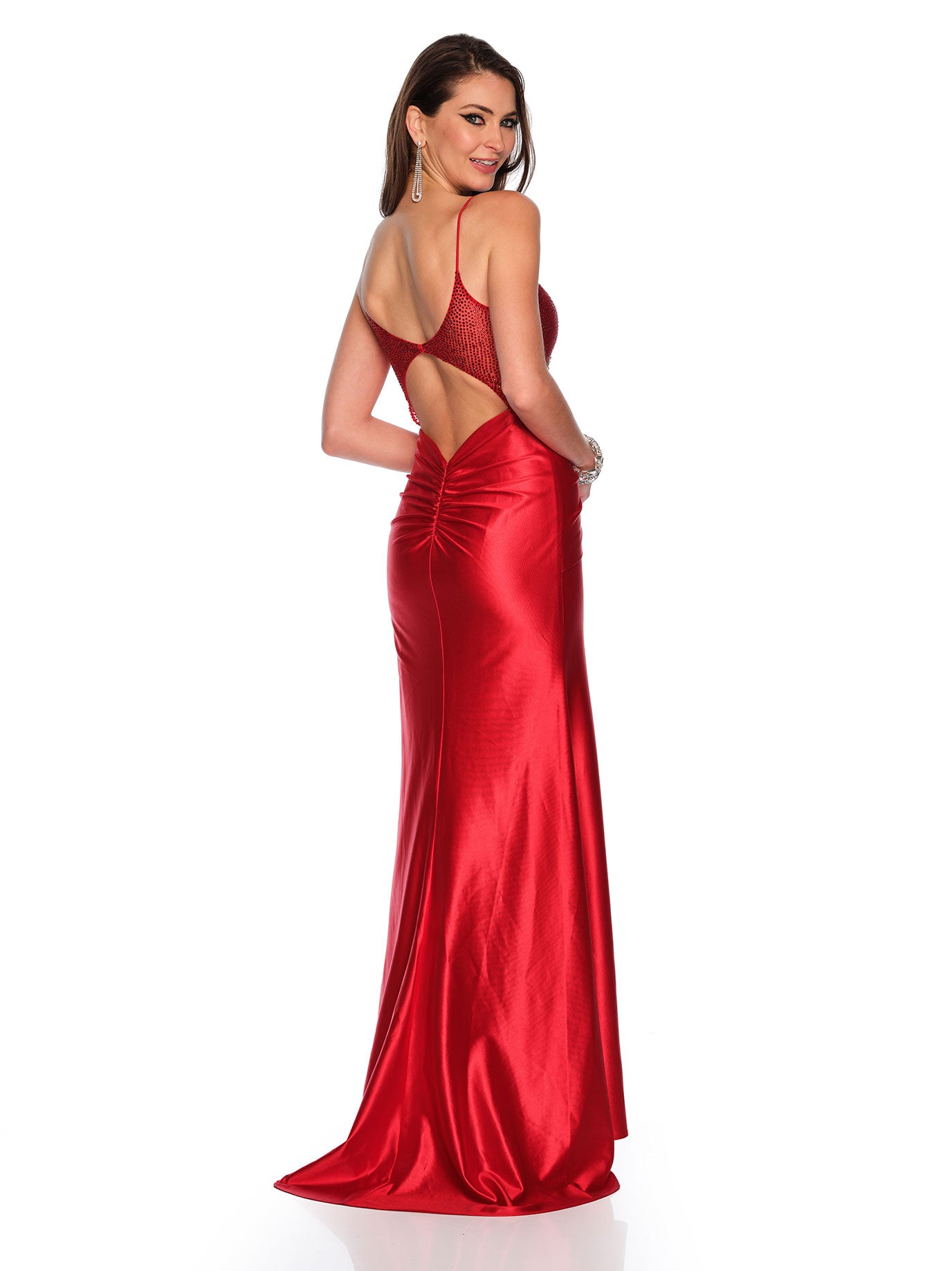 SATIN GOWN WITH RHINESTONE AND STONE APPLIQUES
