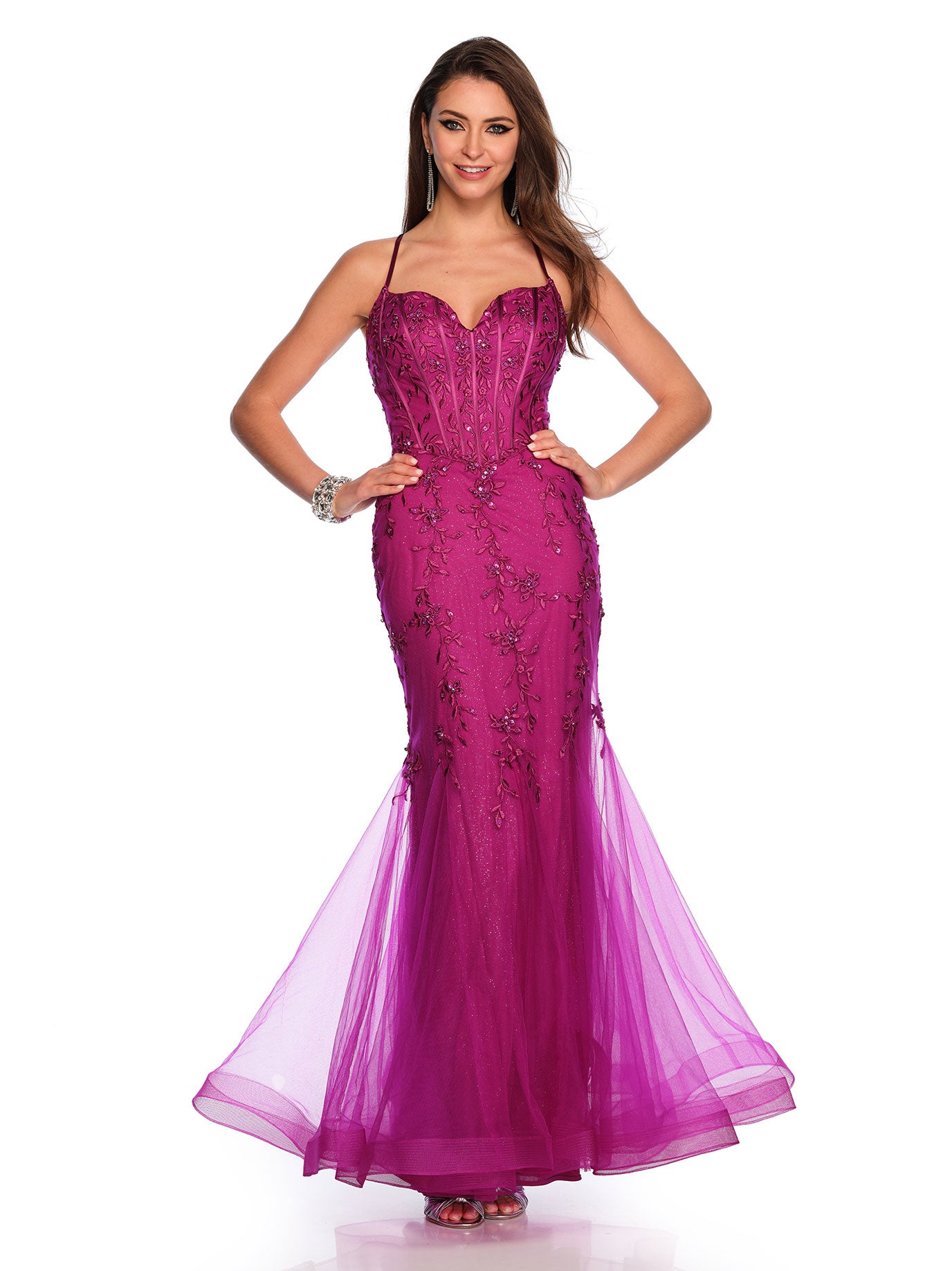 LACE UP EMBELLISHED TULLE MERMAID GOWN