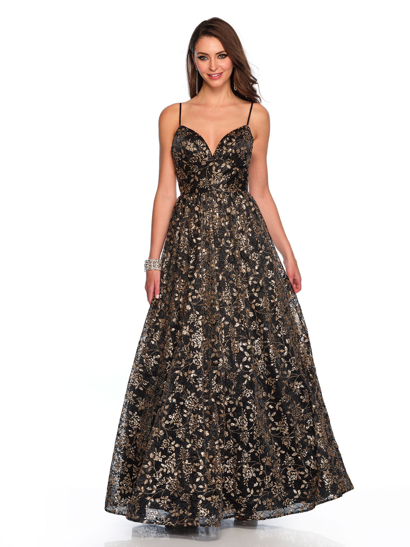 LACE BALLGOWN WITH GLITTER AND SEQUINS MOTIFS