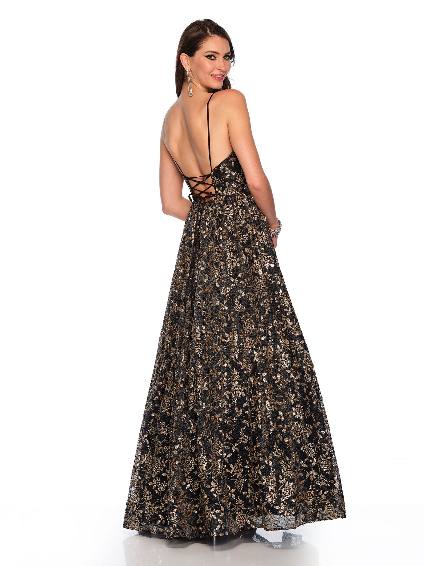 LACE BALLGOWN WITH GLITTER AND SEQUINS MOTIFS