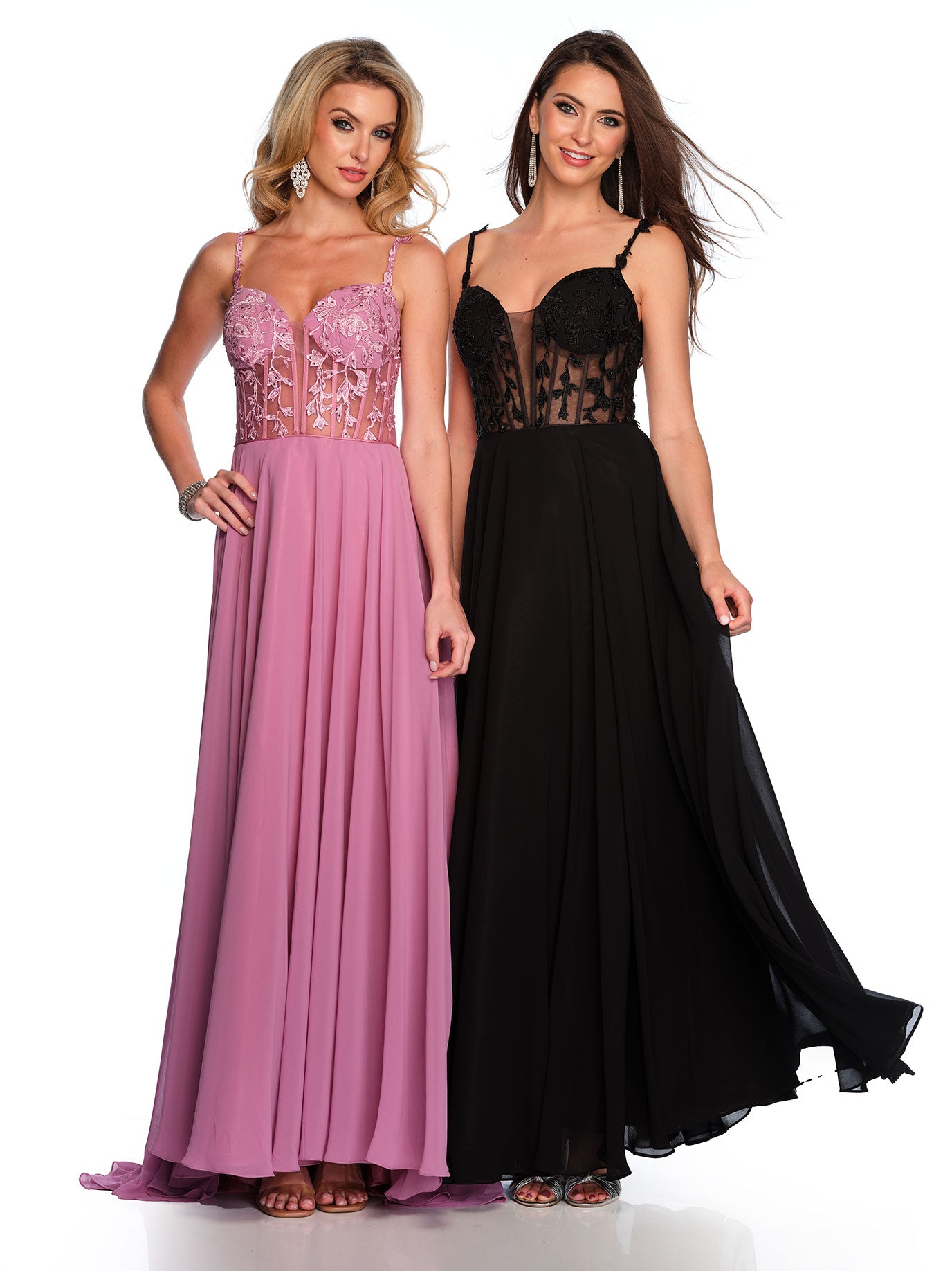 CHIFFON DRESS WITH ILLUSION LACE TOP