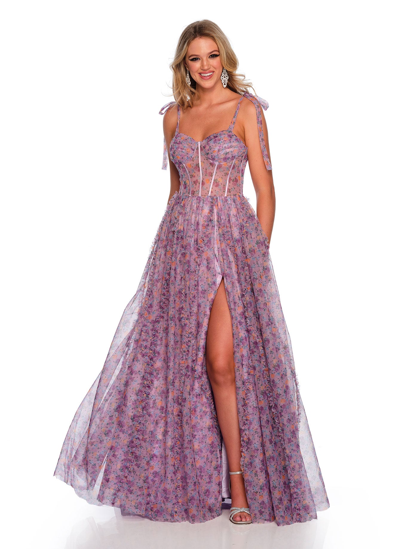 PRINTED TIE STRAP TULLE BALLGOWN