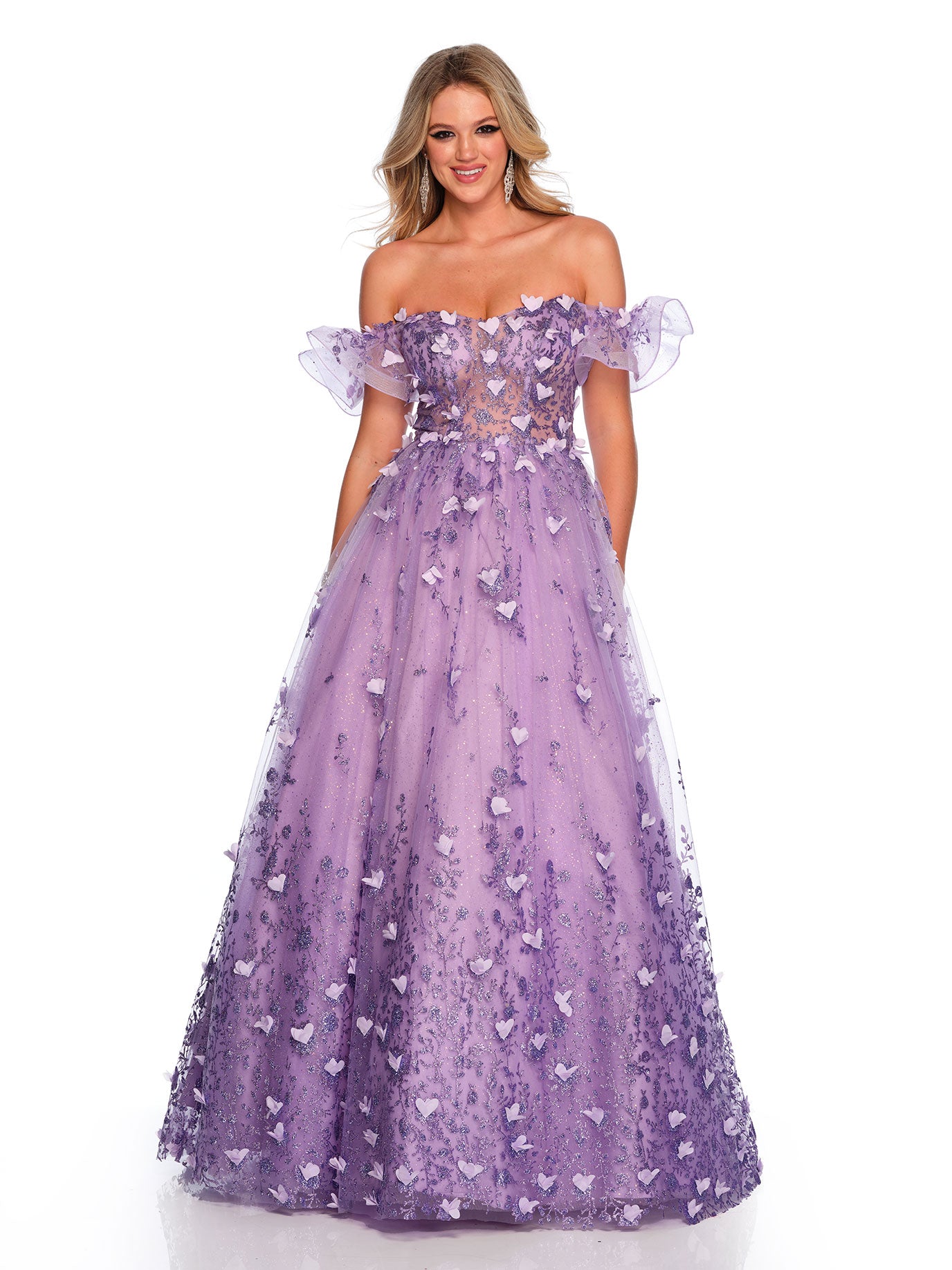 GLITTER TULLE BALLGOWN WITH FLORAL APPLIQUES
