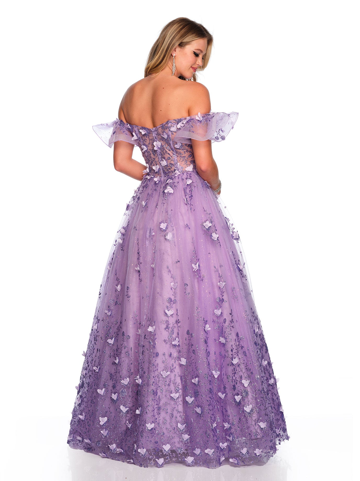 GLITTER TULLE BALLGOWN WITH FLORAL APPLIQUES
