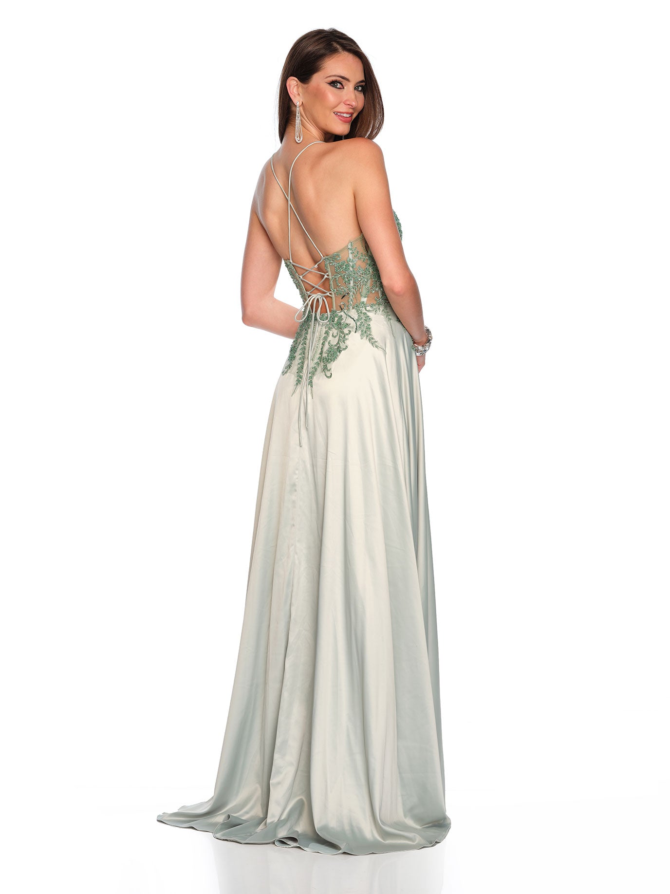 FLOWY SATIN GOWN WITH ILLUSION BODICE