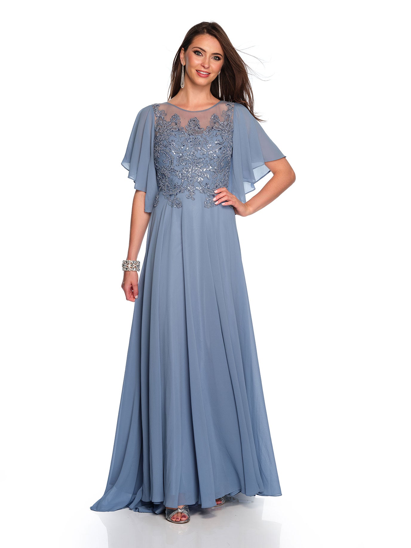 BEADED CHIFFON DRESS WITH FLOUNCE SLEEVE PLUS SIZE