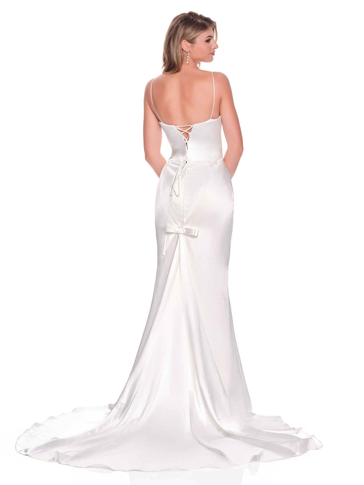 FITTED SATIN WEDDING DRESS WITH BACK BOW DETAIL ON TRAIN