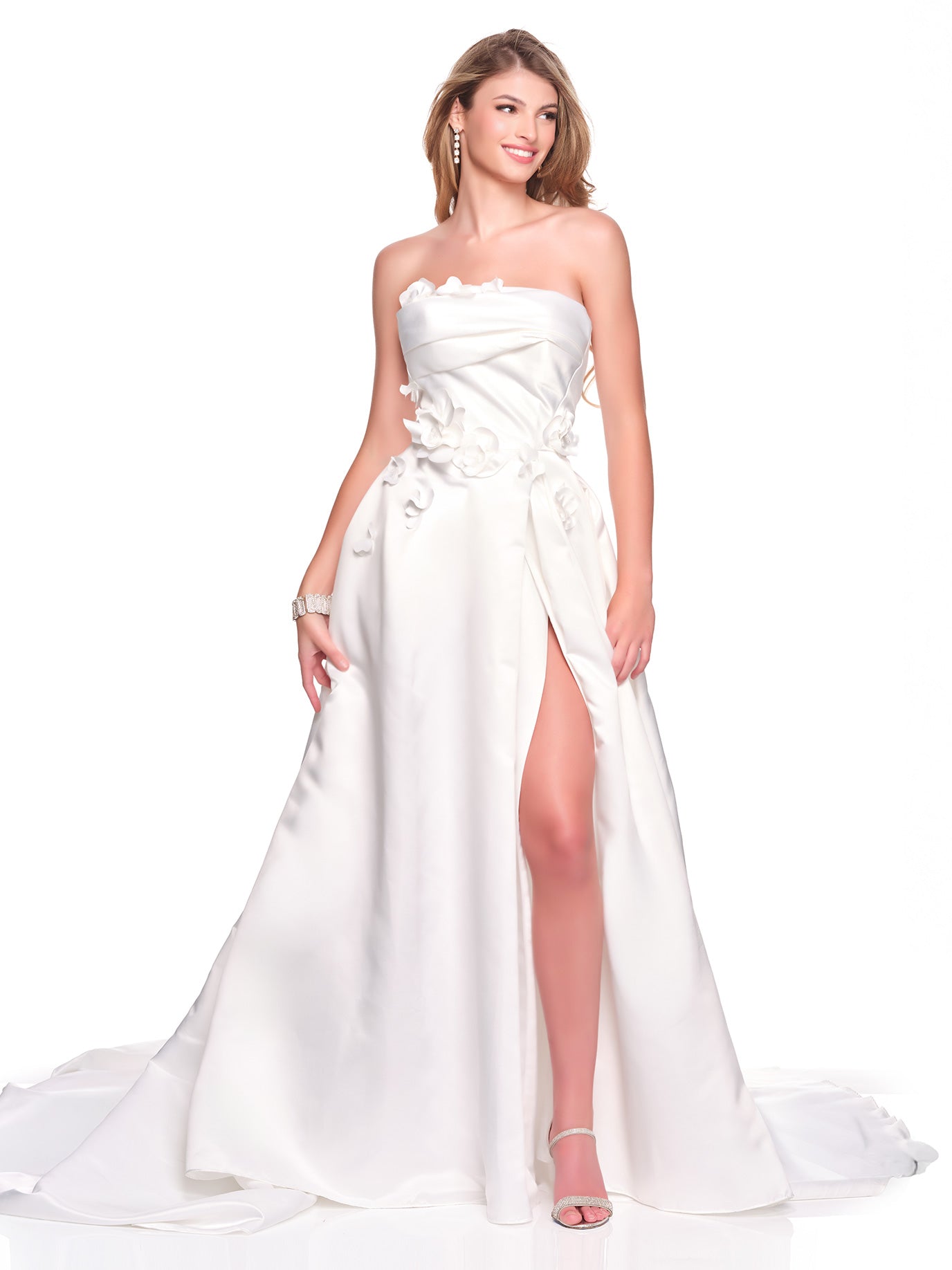 STRAPLESS 3-D FLORAL MOTIF SATIN BRIDAL GOWN – Dave & Johnny