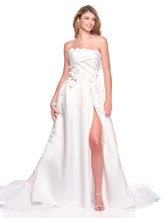 STRAPLESS 3-D FLORAL MOTIF SATIN BRIDAL GOWN