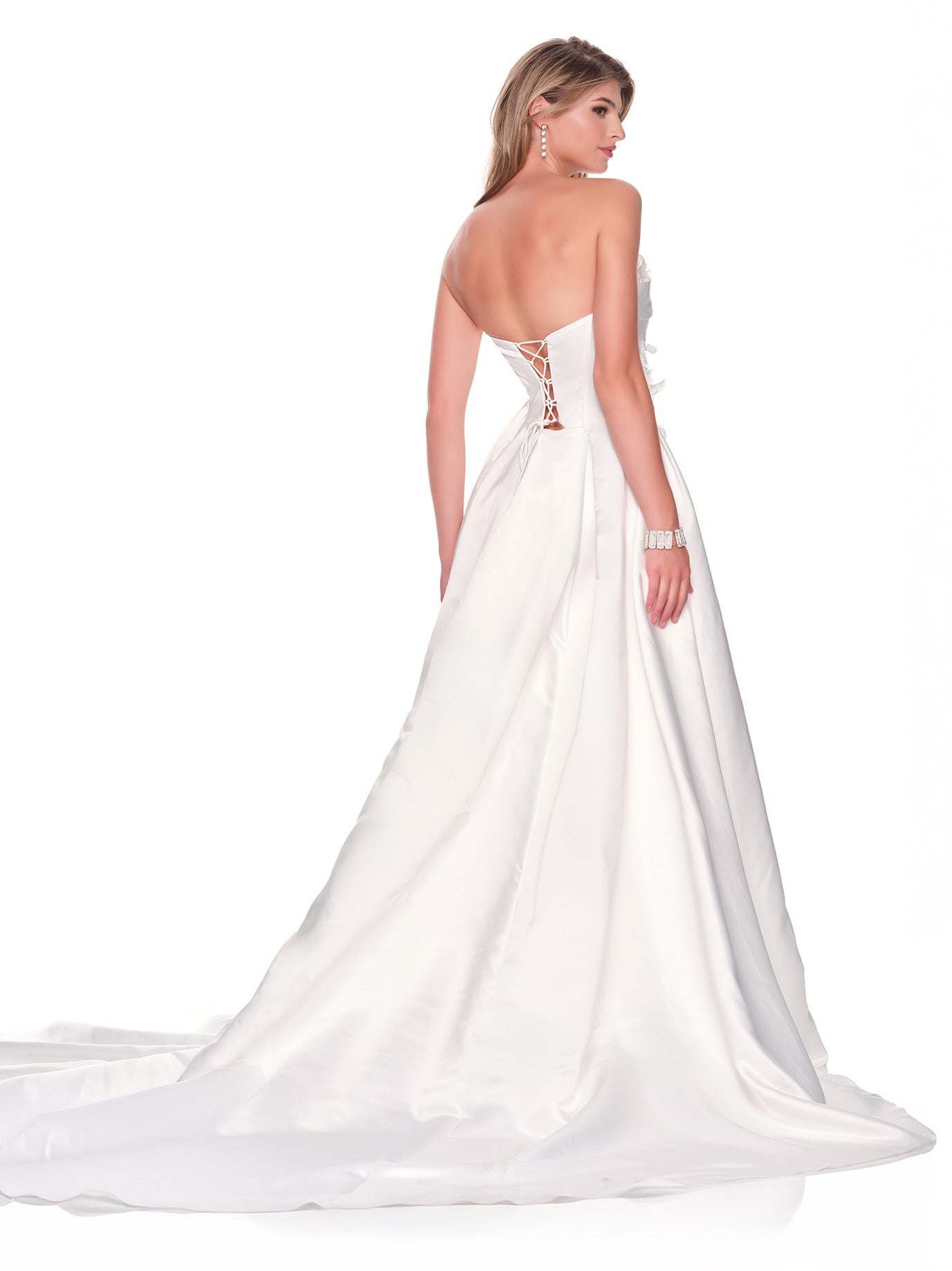 STRAPLESS 3-D FLORAL MOTIF SATIN BRIDAL GOWN