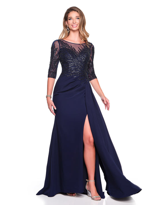 3/4 SLEEVE BEADED FITTED DRESS WITH SIDE SASH