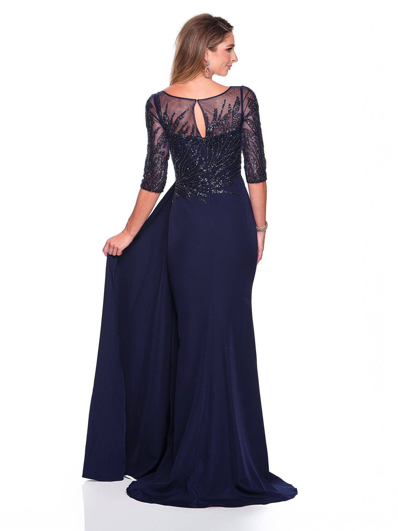 3/4 SLEEVE BEADED FITTED DRESS WITH SIDE SASH