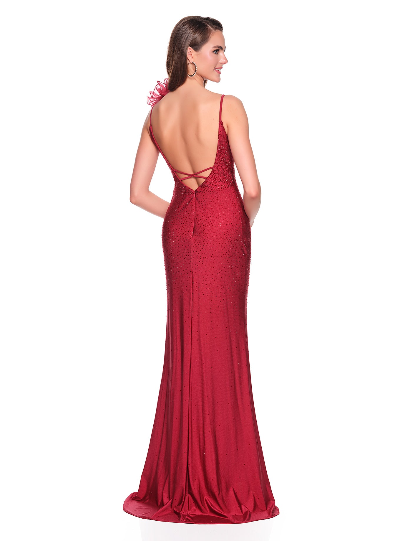 ONE SHOULDER FLORAL DETAIL GOWN WITH SCATTERED HOT STONES