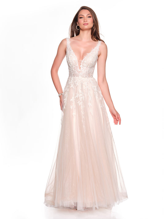 FLOWY BRIDAL GOWN WITH CONTRAST NUDE LINING AND FLORAL APPLIQUES