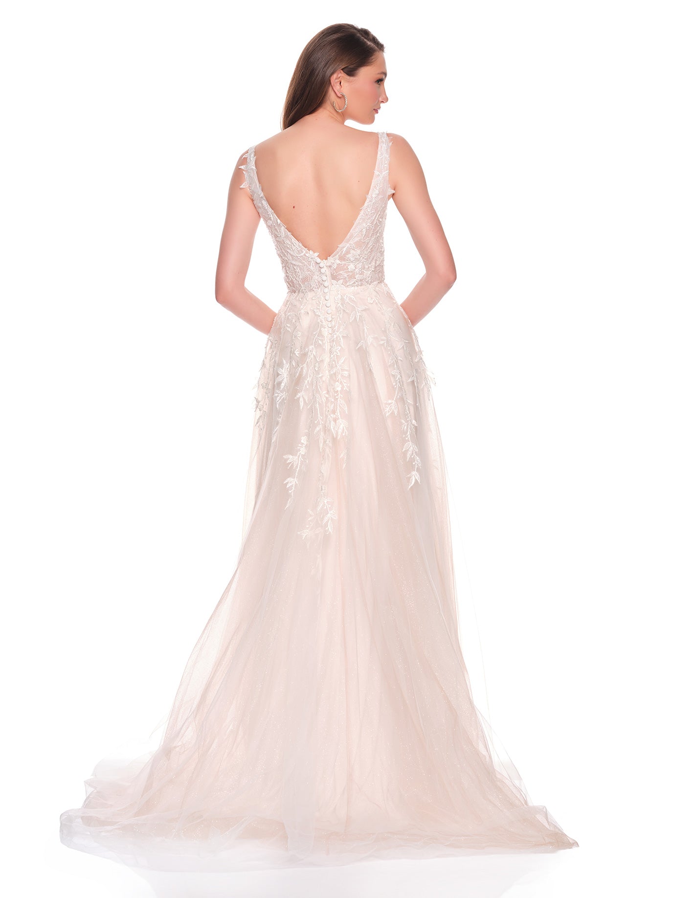 FLOWY BRIDAL GOWN WITH CONTRAST NUDE LINING AND FLORAL APPLIQUES