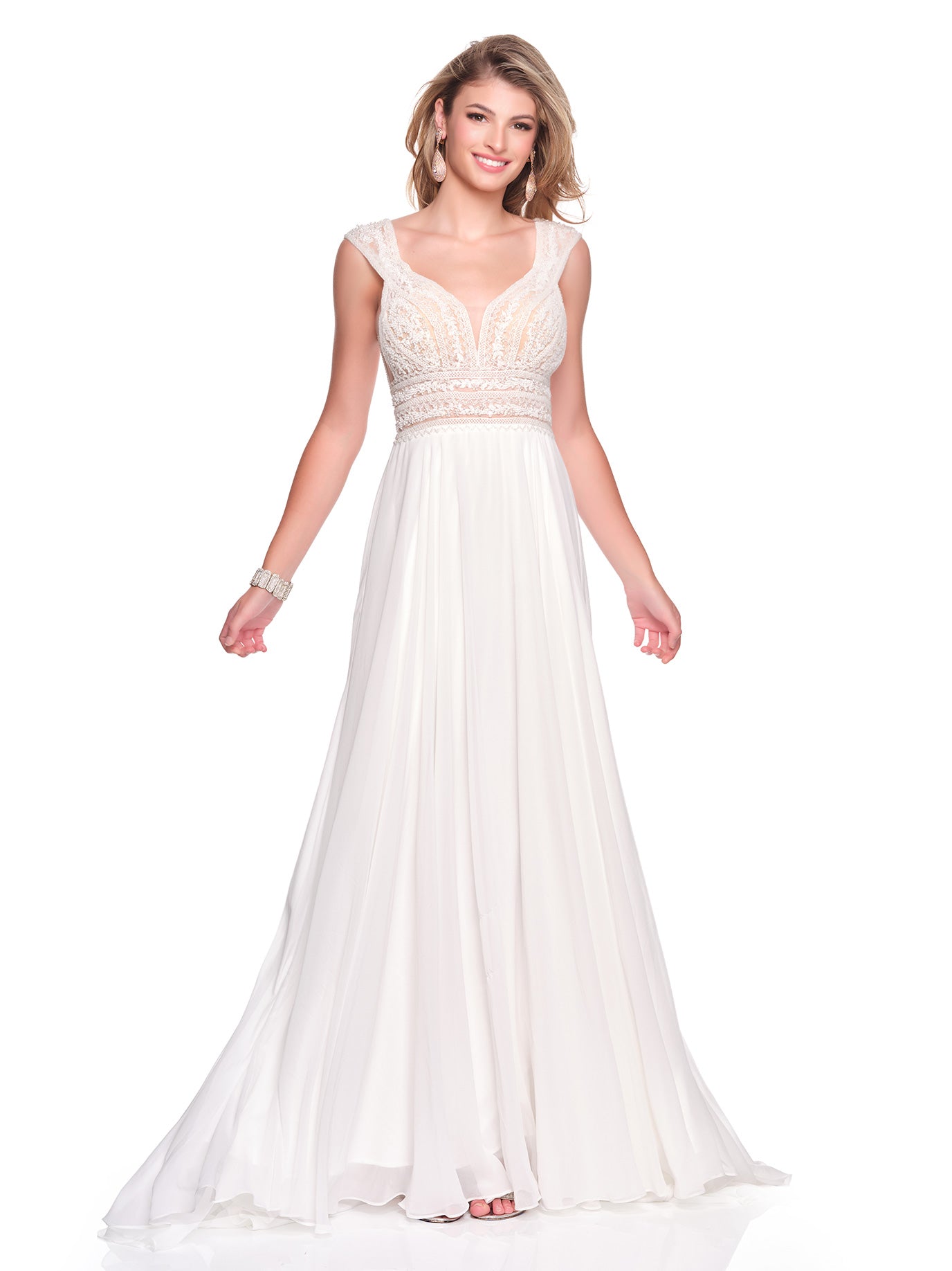 CHIFFON A-LINE BRIDAL DRESS WITH BEADED THICK STRAP ILLUSION BODICE