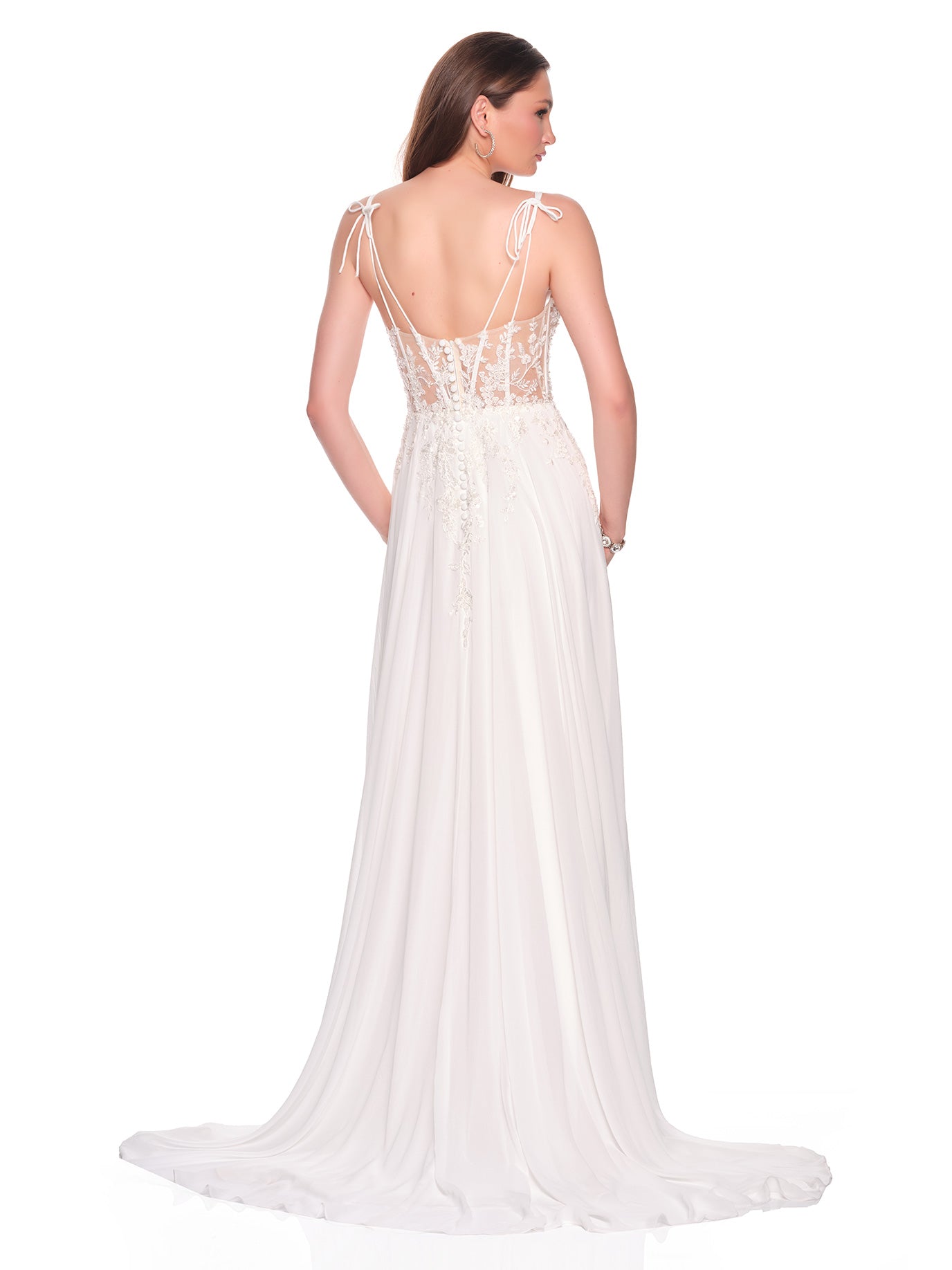 CHIFFON A-LINE BRIDAL GOWN WITH ILLUSION BEADED BODICE WITH TIE STRAPS