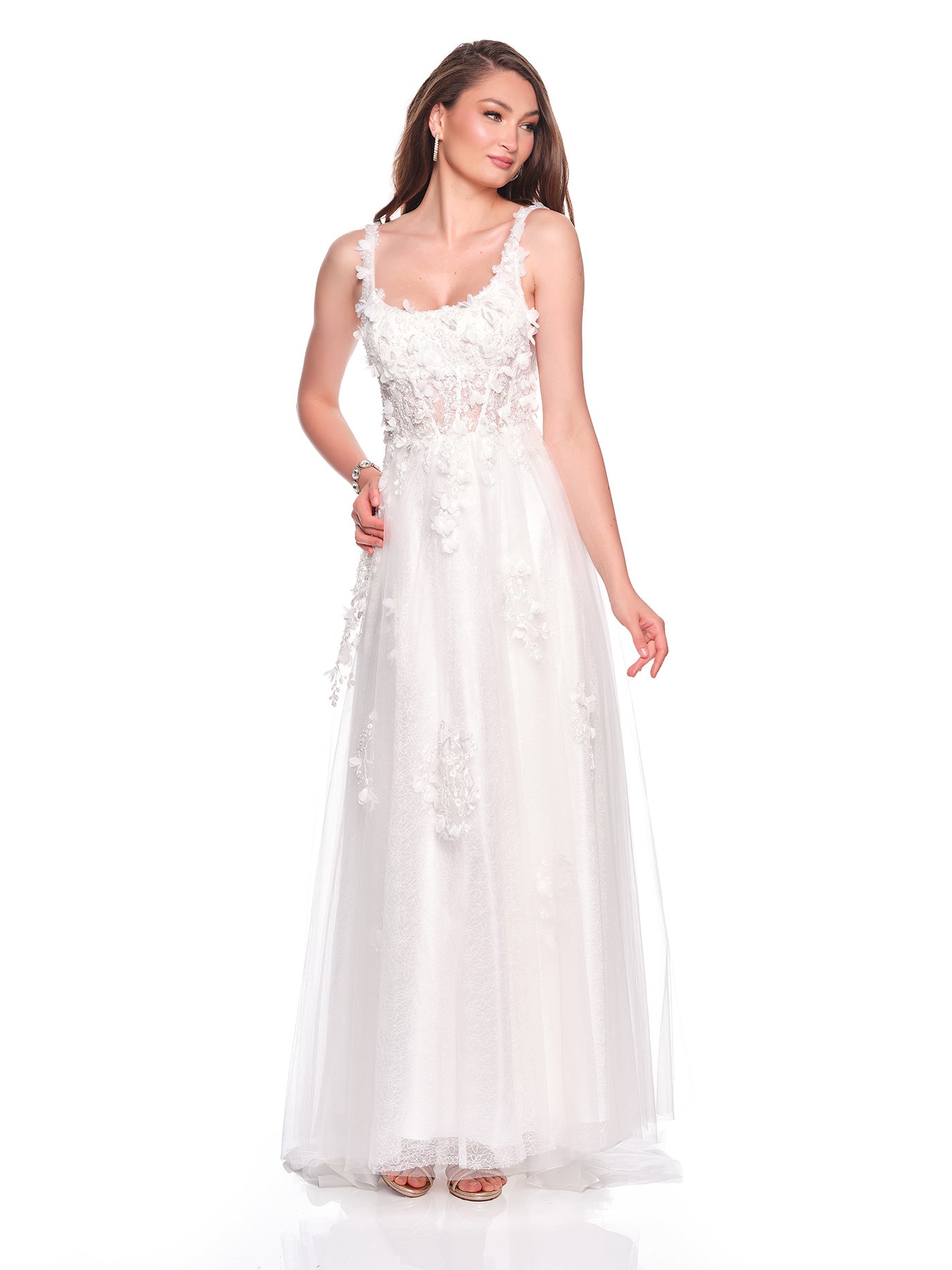 A-LINE TULLE OVER LACE BRIDAL GOWN WITH 3-D MOTIF DETAIL