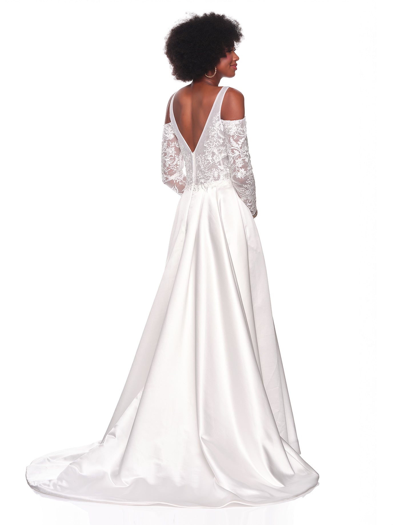 SATIN COLD SHOULDER LONG SLEEVE BRIDAL GOWN
