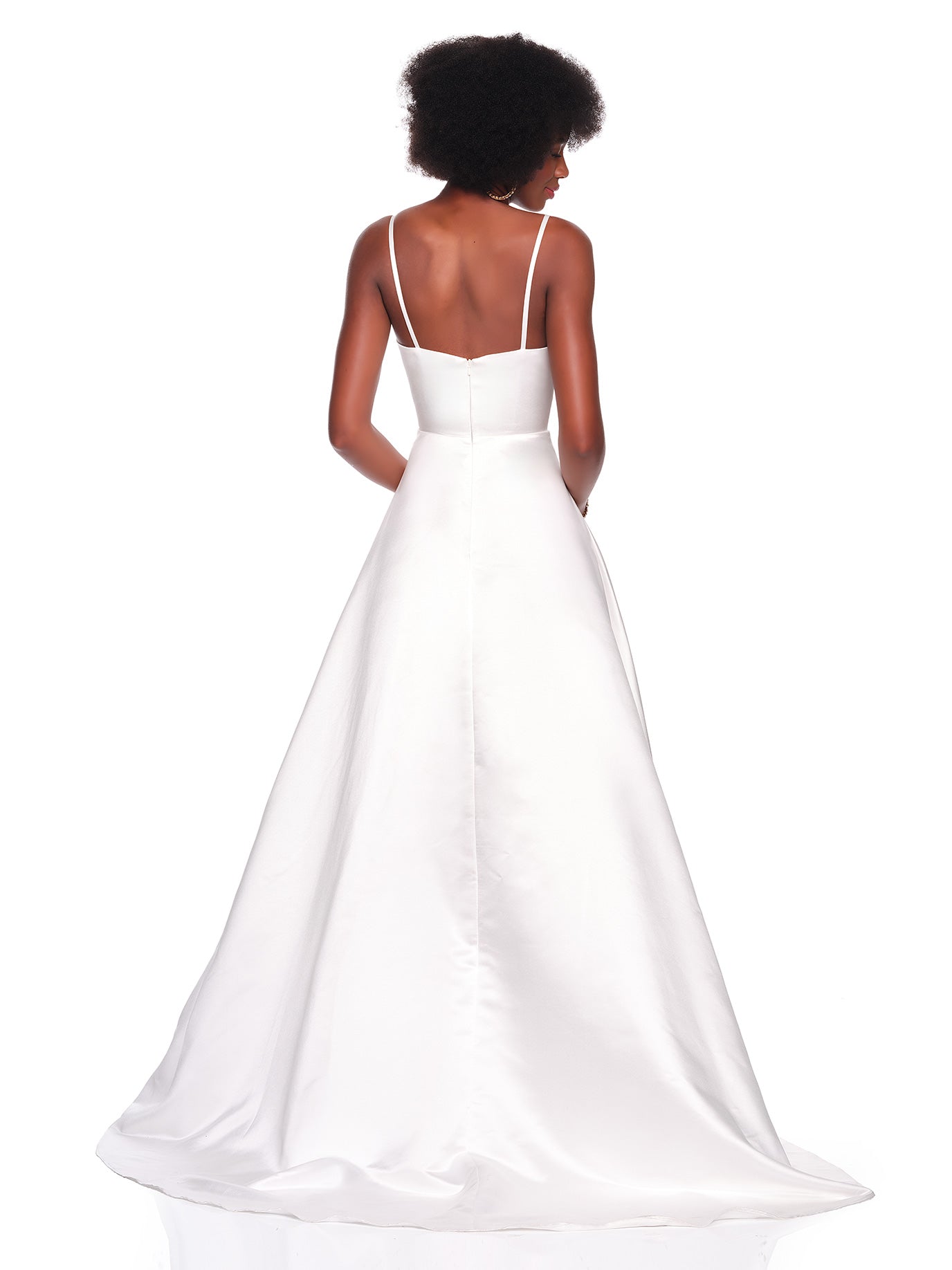 SATIN A-LINE BRIDAL GOWN WITH LACE INSET ON DRAPED BODICE