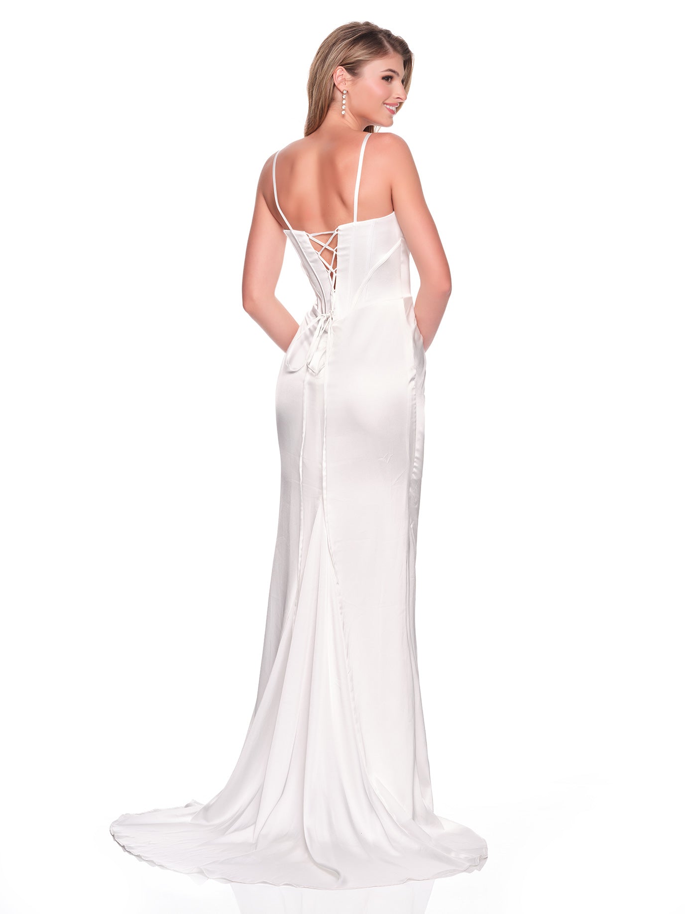 FITTED SATIN BASQUE WAIST CORSET BRIDAL GOWN WITH FRONT SLIT