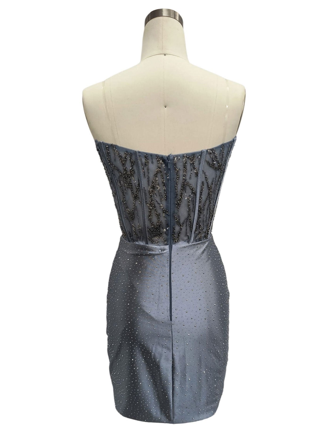 FITTED CORSET DRESS WITH DRAPING AND SCATTERED STONE DETAIL