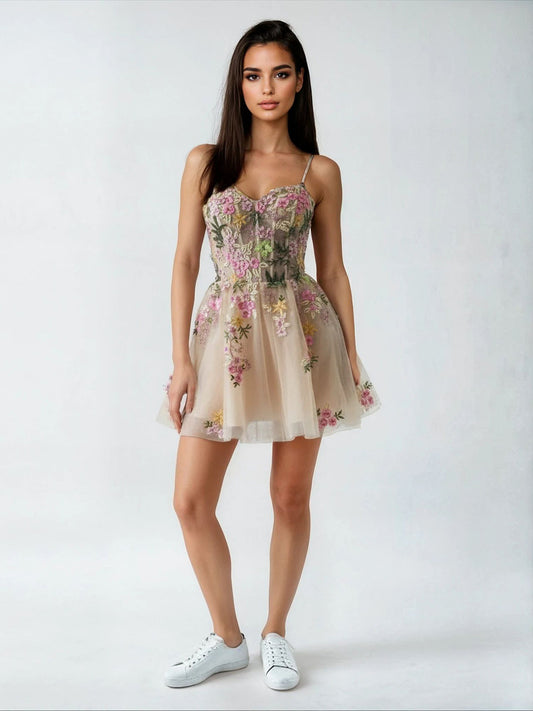 SPAGHETTI STRAP ALINE EMBROIDERED TULLE DRESS