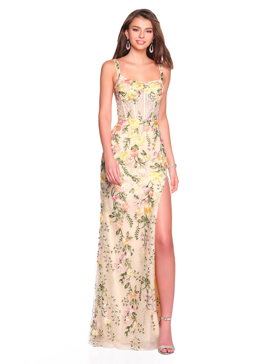 SQUARE NECK FITTED FLORAL EMBROIDERED GOWN