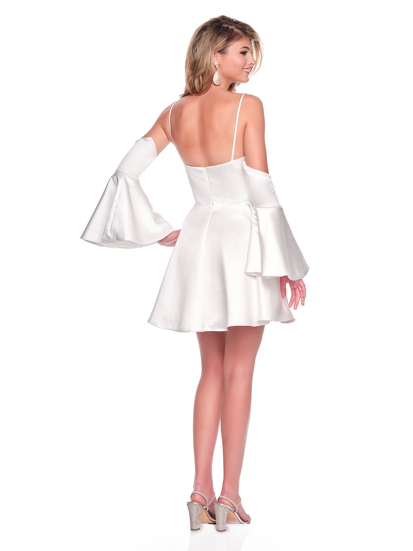 SATIN SHORT A-LINE DRESS WITH DETACHABLE BELL SLEEVES