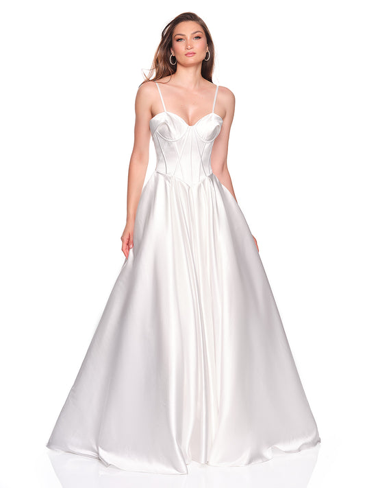 SATIN BRIDAL GOWN WITH CORSET BODICE AND BASQUE WAISTLINE