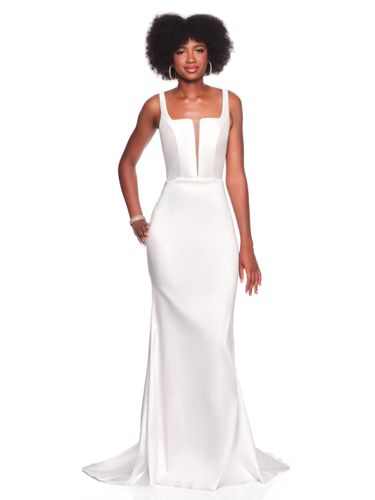 FITTED SATIN BRIDAL GOWN WITH ILLUSION CENTER INSET, SQUARE NECKLINE