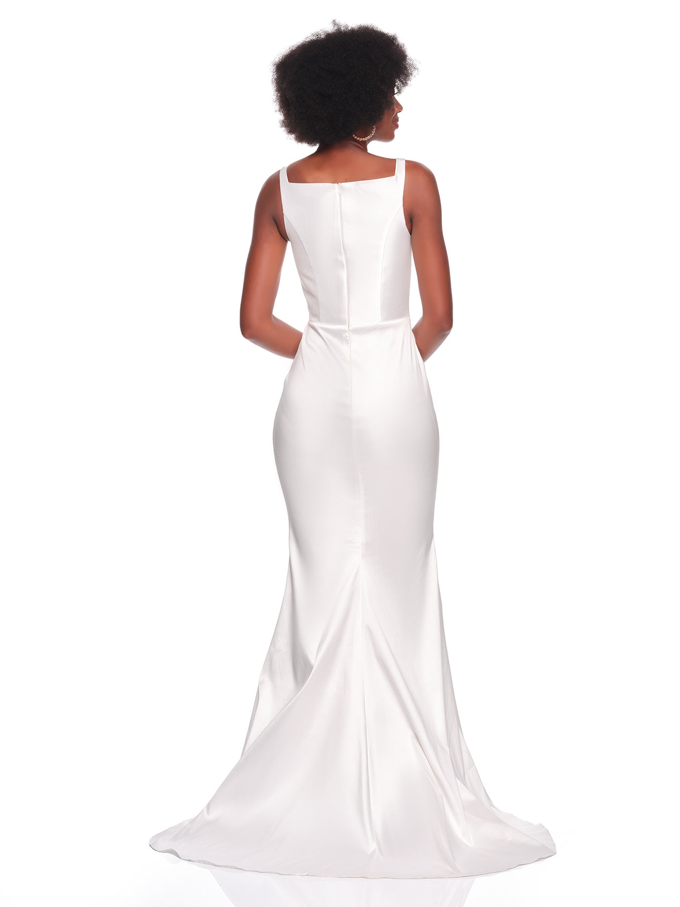 FITTED SATIN BRIDAL GOWN WITH ILLUSION CENTER INSET, SQUARE NECKLINE