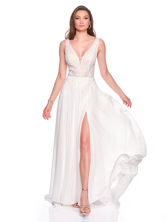 CHIFFON BRIDAL GOWN WITH FRONT SLIT AND DEEP V ILLUION BODICE
