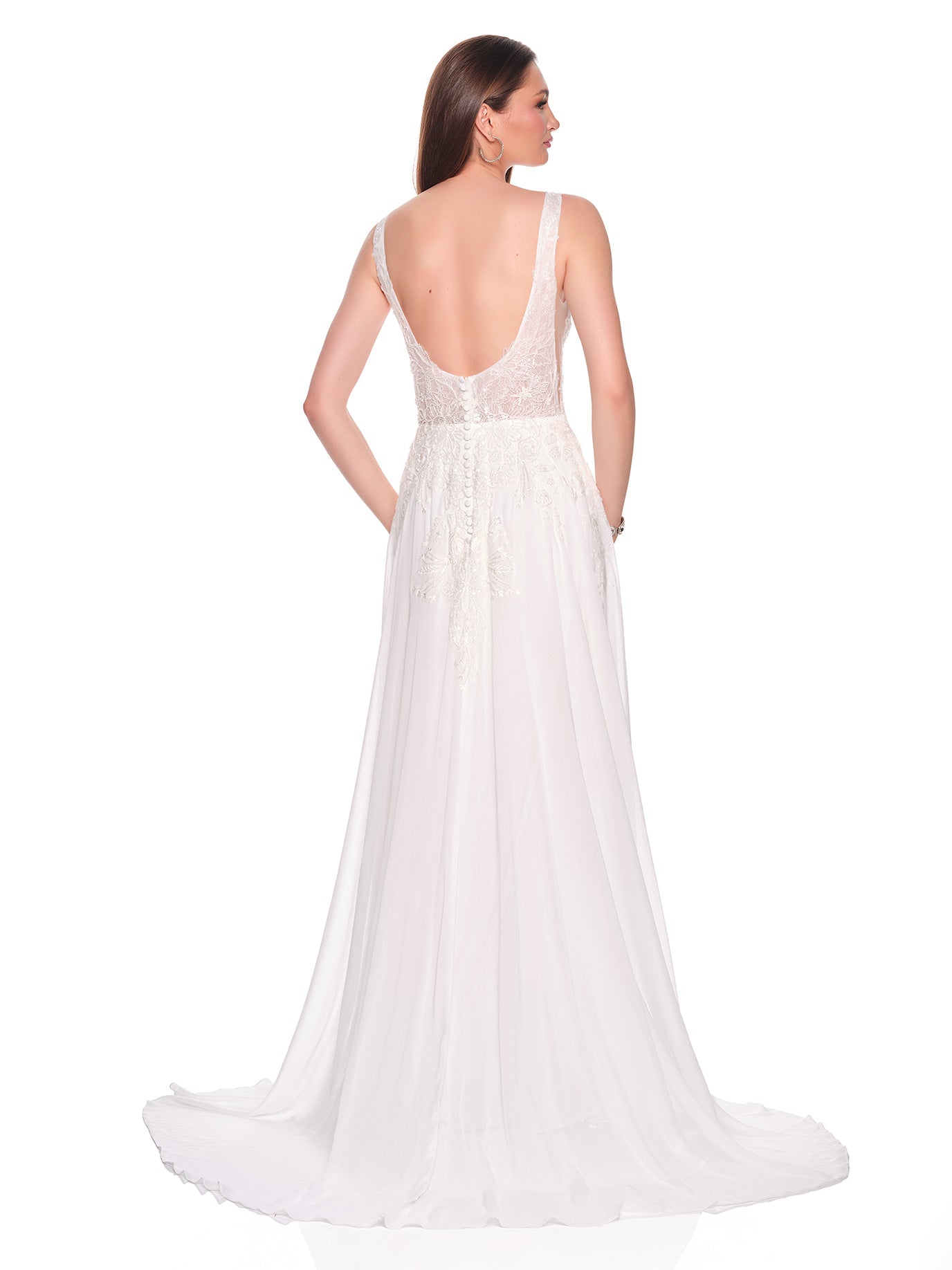 CHIFFON BRIDAL GOWN WITH FRONT SLIT AND DEEP V ILLUION BODICE