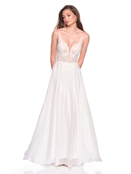 A-LINE CHIFFON BRIDAL GOWN BEADED ILLUSION BODICE AND OPEN BACK