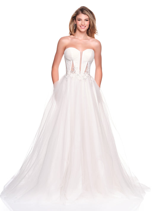 STRAPLESS TULLE BRIDAL GOWN WITH WITH CUT OUT ILLUSION BODICE AND APPLIQUE DETAIL