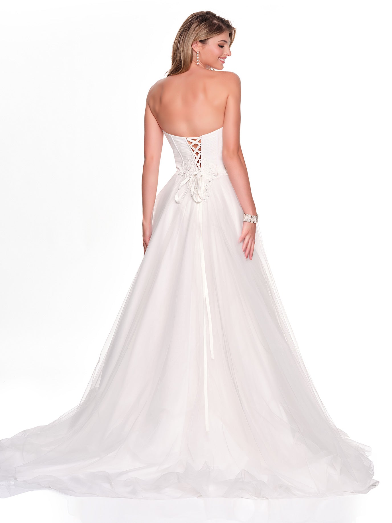 STRAPLESS TULLE BRIDAL GOWN WITH WITH CUT OUT ILLUSION BODICE AND APPLIQUE DETAIL
