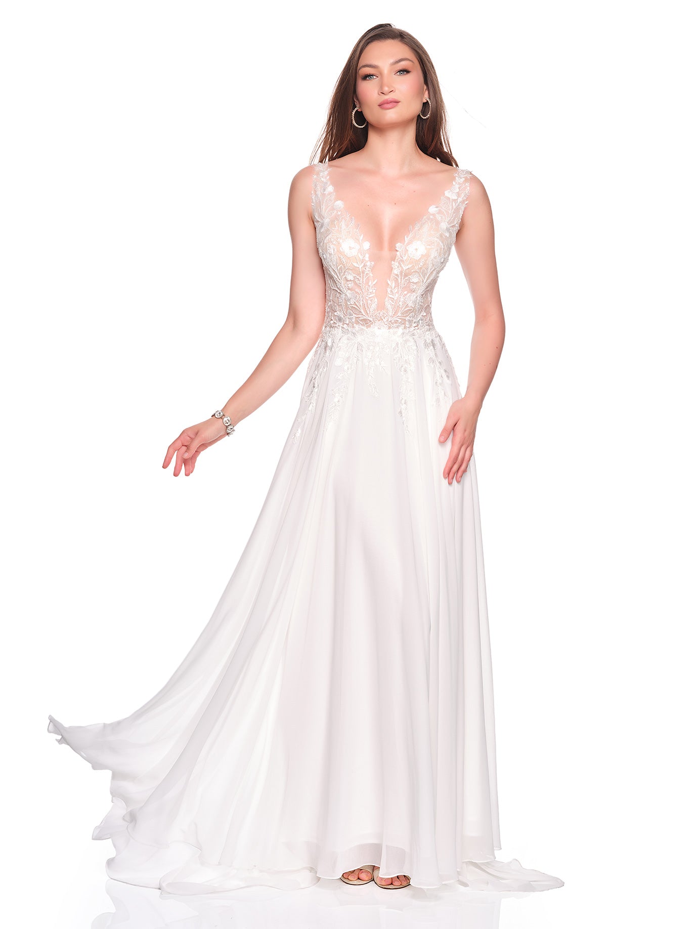 FLOWY CHIFFON BRIDAL GOWN WITH DEEP V NECKLINE AND BEADED ILLUSION BOD Dave & Johnny FLOWY CHIFFON BRIDAL GOWN WITH DEEP V NECKLINE AND BEADED ILLUSION BOD Dave & Johnny