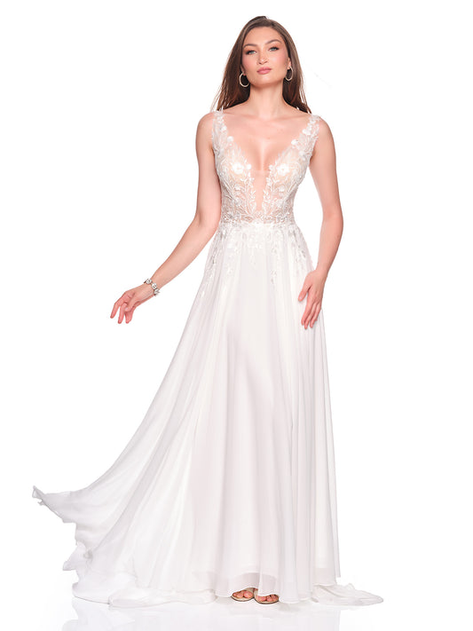 FLOWY CHIFFON BRIDAL GOWN WITH DEEP V NECKLINE AND BEADED ILLUSION BODICE