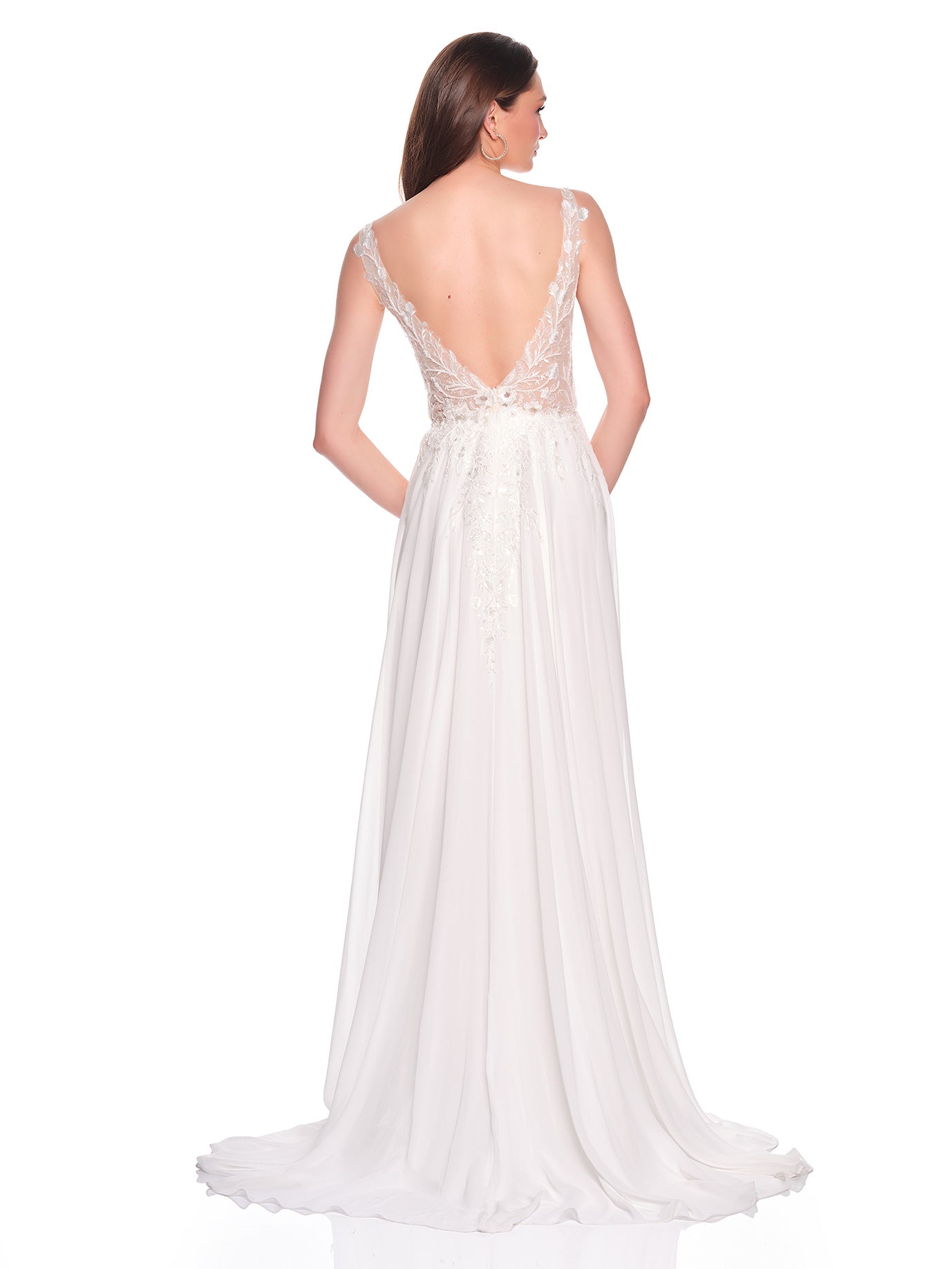 FLOWY CHIFFON BRIDAL GOWN WITH DEEP V NECKLINE AND BEADED ILLUSION BODICE