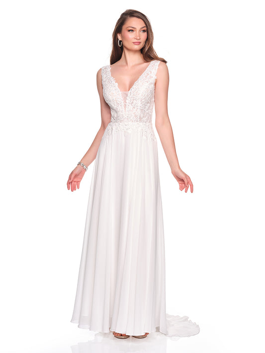FLOWY CHIFFON BRIDAL GOWN WITH DEEP V NECKLINE AND BEADED ILLUSION BODICE